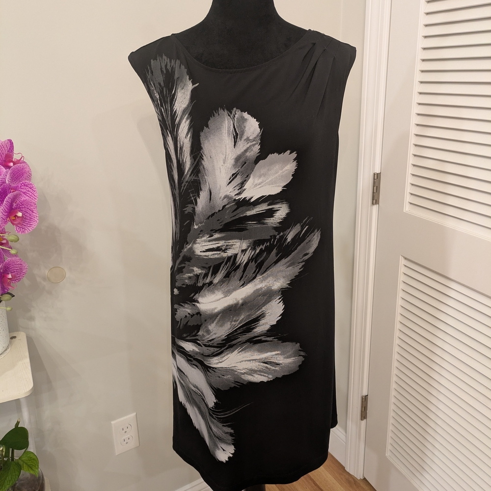 Maggy London Black and Gray Feather Midi Dress Size Medium